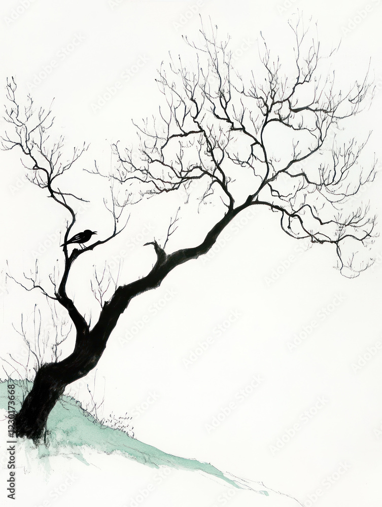 Fototapeta premium Lone Bird on Bare Winter Tree Branch Ink Painting Print