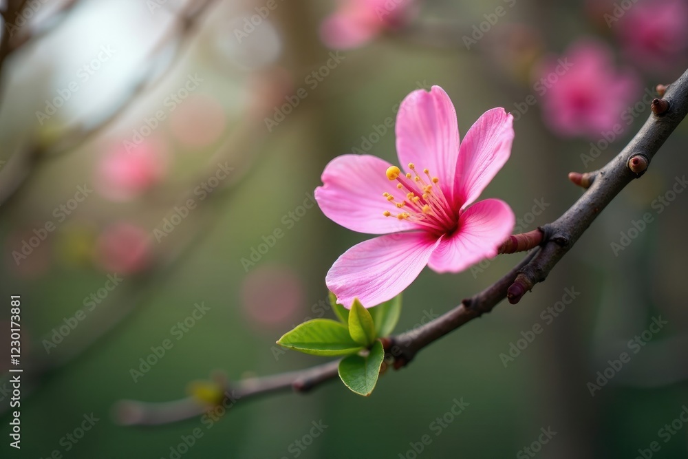 A pink flower blooms at the tip of a tree's branch, isolated, tree A pink flower blooms at the tip of a tree's branch, isolated, tree