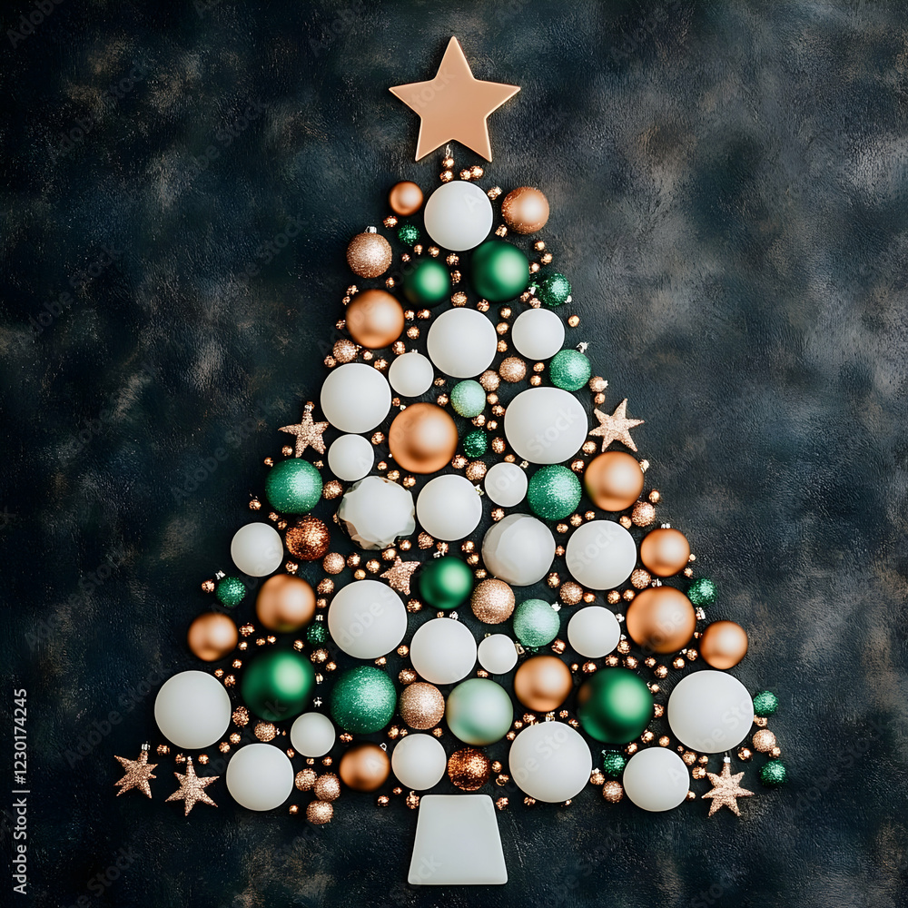 Fototapeta premium Festive Christmas tree ornaments, dark background, holiday card