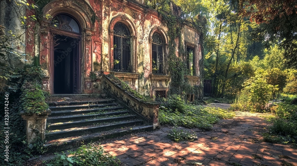 Fototapeta premium Enchanted Overgrown Mansion: A Forgotten Architectural Gem
