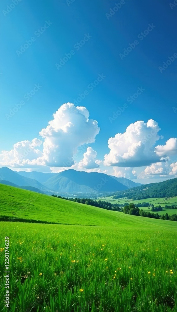 A serene scene of a green grass field under a brilliant blue sky with cumulus clouds and distant mountain peaks, Cumulus Clouds, Nature, Countryside A serene scene of a green grass field under a brilliant blue sky with cumulus clouds and distant mountain peaks, Cumulus Clouds, Nature, Countryside