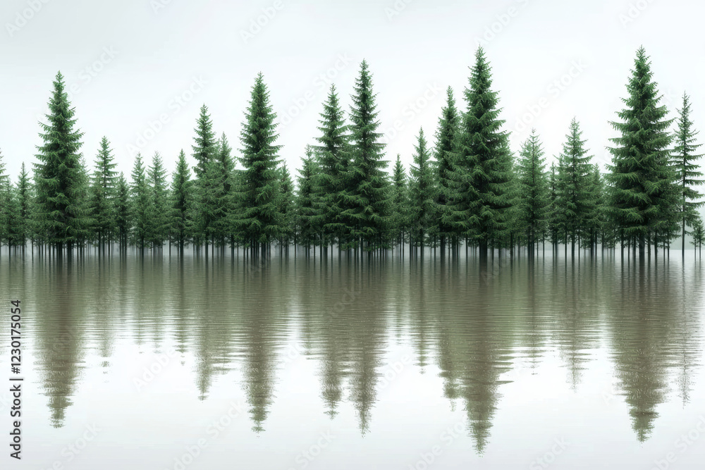 Fototapeta premium serene forest landscape with trees reflected in rising floodwaters, showcasing nature beauty and resilience