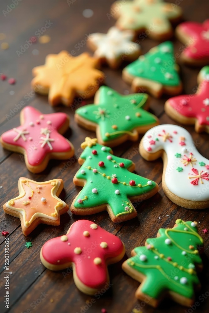 Colorful array of sugar cookies cut into festive shapes on a wooden table, Sugar Cookies, Sweet Delights Colorful array of sugar cookies cut into festive shapes on a wooden table, Sugar Cookies, Sweet Delights