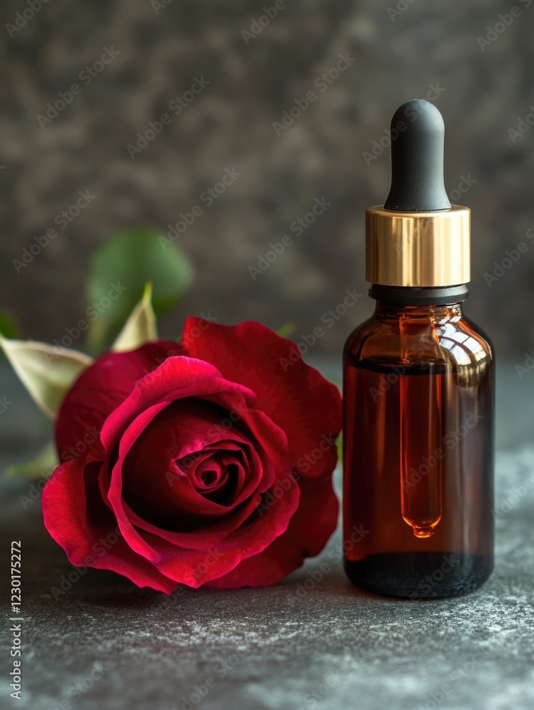 A bottle of essential oil next to a rose A bottle of essential oil next to a rose