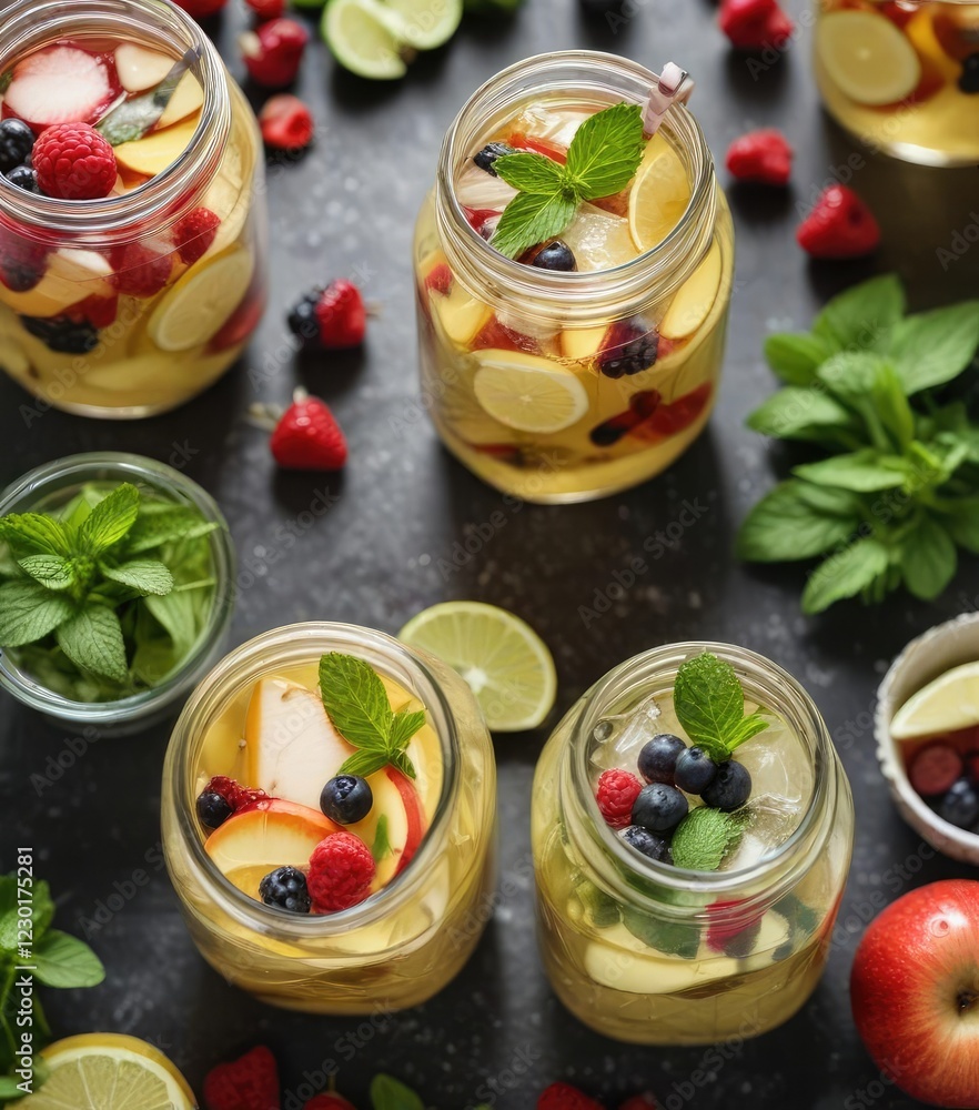 Overhead view of white wine sangria with assorted berries and mint in mason jars, simple pleasures, rural lifestyle, homemade refreshment, drink display Overhead view of white wine sangria with assorted berries and mint in mason jars, simple pleasures, rural lifestyle, homemade refreshment, drink display