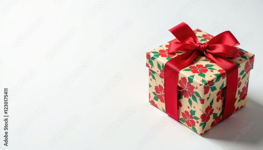 Fototapeta premium Colorful Christmas gift box with red ribbon on white background, red, holiday, gift