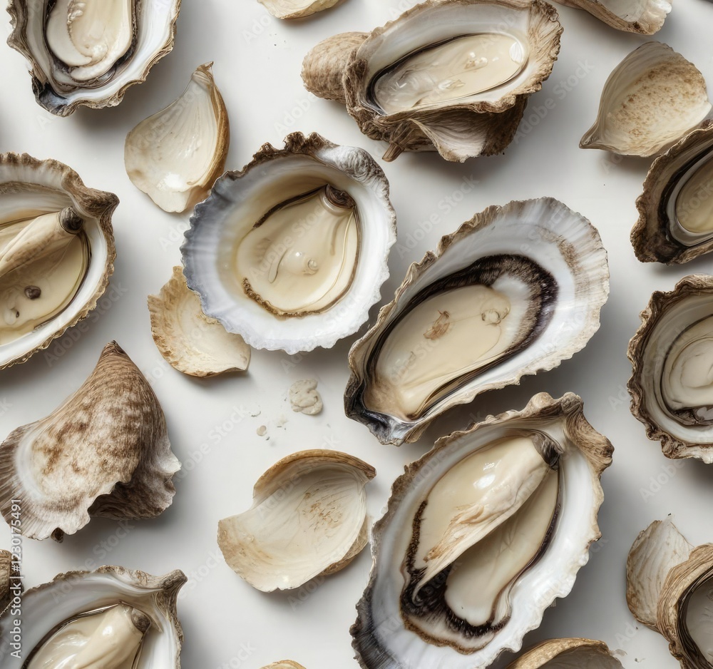 Oyster shells in a random arrangement on a creamy white background, marine life, serene Oyster shells in a random arrangement on a creamy white background, marine life, serene