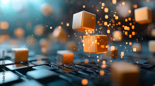 Economic disruption visualized as glowing cascading cubes digital workspace 3d render futuristic environment close-up viewpoint technology concept