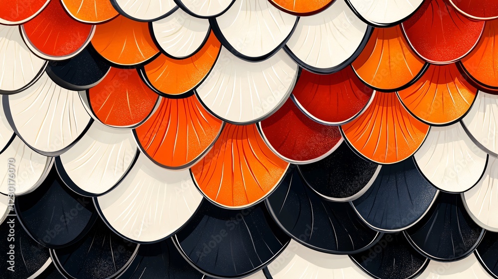 Fototapeta premium A vector illustration of a glossy koi fish scale texture with vibrant orange, white, and black patterns.