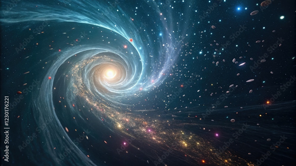 Naklejka premium Small particles accelerating through a wormhole, meteorite, astrophysics, quantum physics, cosmic energy