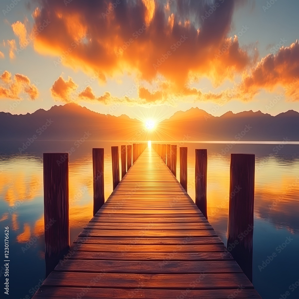 Fototapeta premium Serene Sunset Over Calm Lake with Pier and Vibrant Clouds