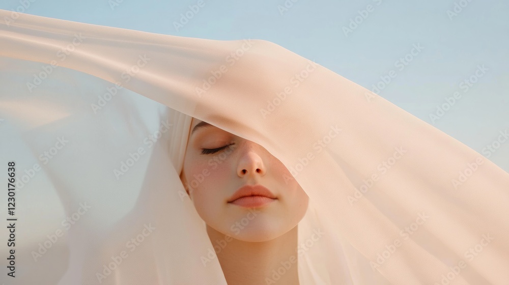 Fototapeta premium Soft Feminine Elegance Translucent Fabric Draped Portrait of Middle Eastern Woman, Age 27 - Pastel Fashion and Branding for Digital Marketing and Wedding Industry
