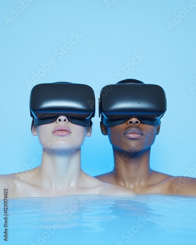 Aqua Futurism Multi-Ethnic Couple in Waterproof VR at Tranquil Spa - Tech-Infused Wellness and Immersive Content Creation for Modern Health Industry photo