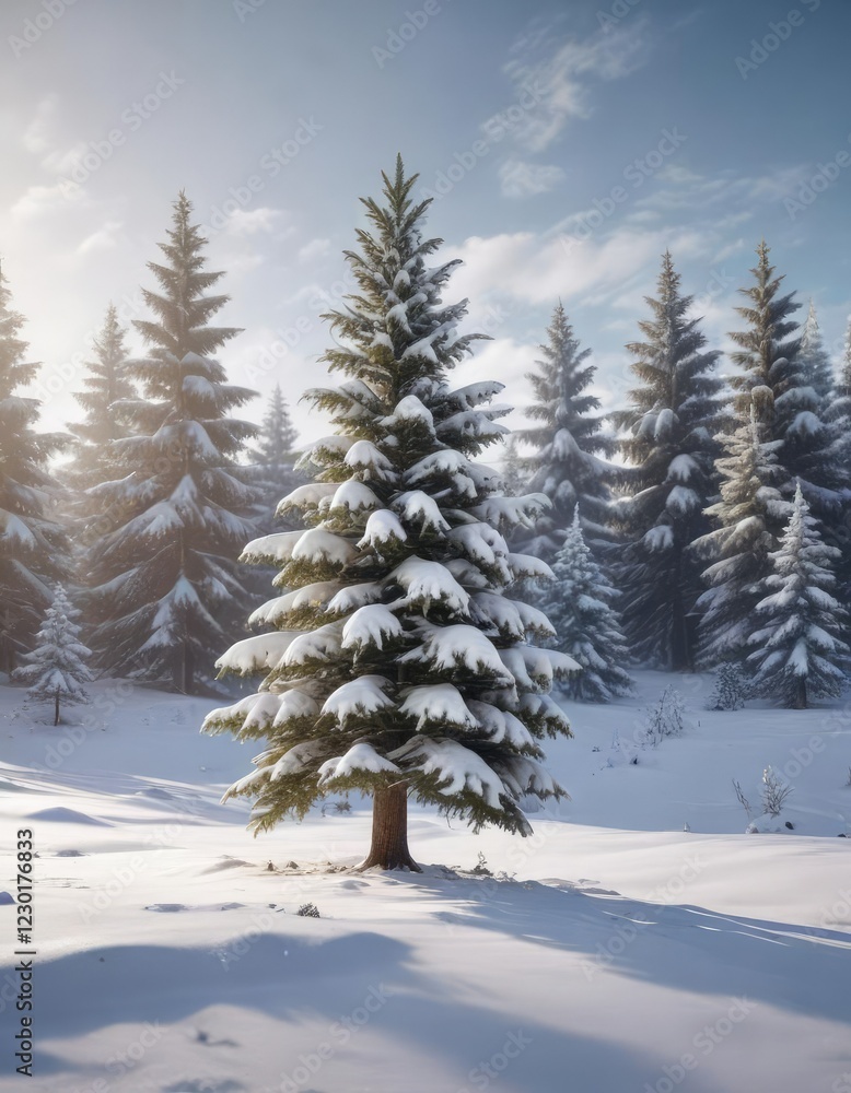 Fototapeta premium Snow-covered Christmas tree in a winter landscape , Winter snow scene, Snowy forest, Snowy woods