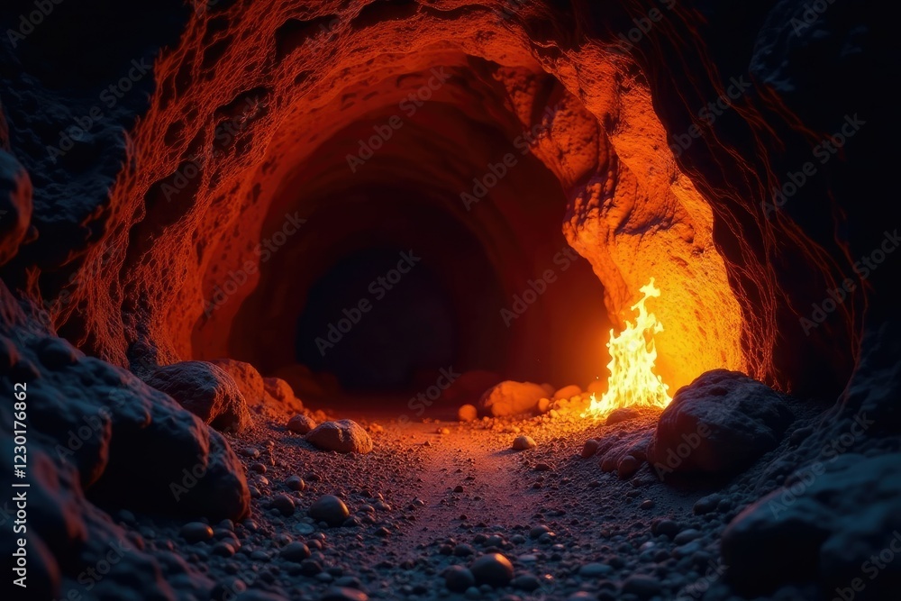 Flickering flame casts eerie glow on cave wall, heat, cavern, lighting