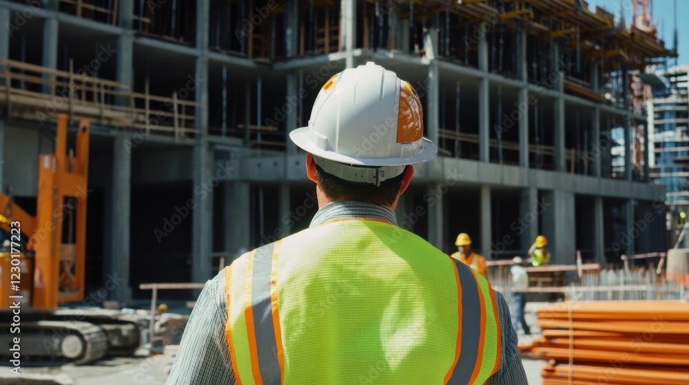 A focused image of a construction safety officer conducting a safety briefing at a construction site, Construction safety briefing scene, Vigilant and authoritative style A focused image of a construction safety officer conducting a safety briefing at a construction site, Construction safety briefing scene, Vigilant and authoritative style