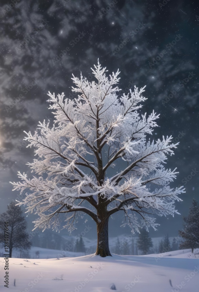 Fototapeta premium Snowflakes gently fall on a serene winter landscape with a snow-covered tree in the foreground and a darkening sky with stars beginning to twinkle above , serene, peaceful, winter
