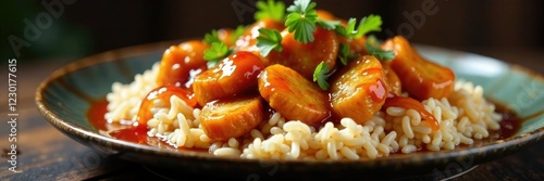 Hoichi sauce drizzle on a plate of chichen and rice, liquid, meaty photo