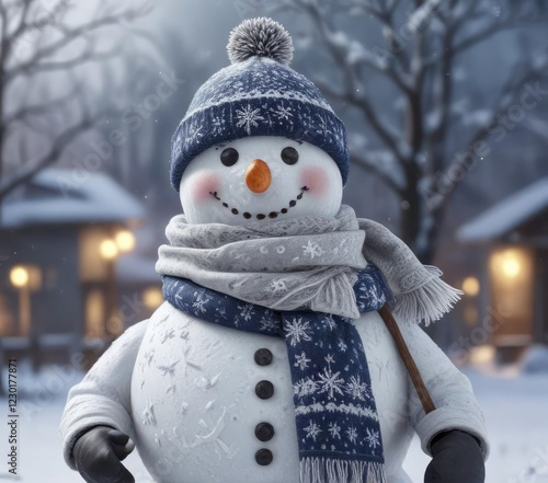 Snowman with a scarf and hat made of snowflakes , winter, frozen photo