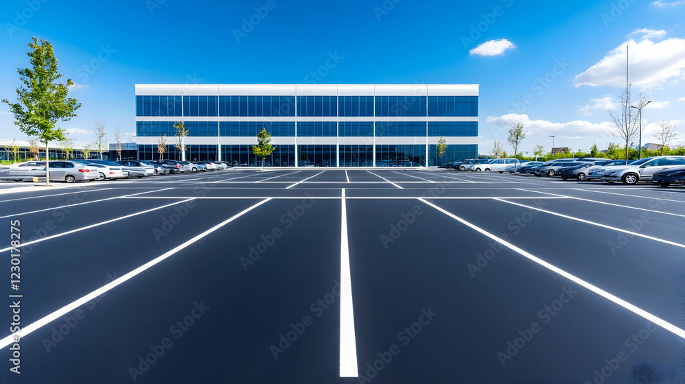 Modern office building parking lot, sunny day Modern office building parking lot, sunny day