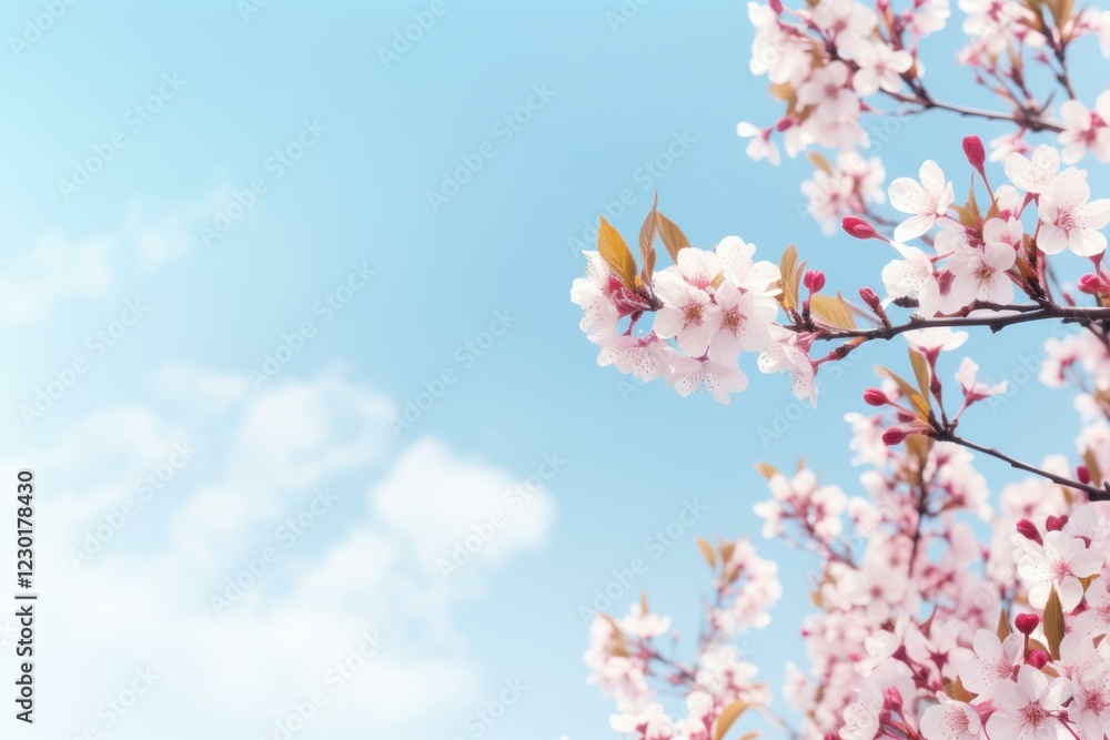 Cherry tree branches are flowering with pink blossoms against a bright blue sky with soft white clouds, capturing the beauty of spring Cherry tree branches are flowering with pink blossoms against a bright blue sky with soft white clouds, capturing the beauty of spring