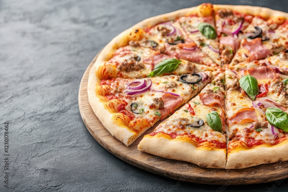 A delicious pizza topped with cheese, olives, onions, and fresh basil, served on a wooden board, perfect for sharing and enjoying. A delicious pizza topped with cheese, olives, onions, and fresh basil, served on a wooden board, perfect for sharing and enjoying.