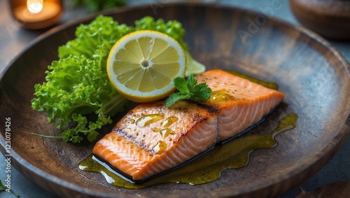 Grilled salmon fillet with lemon and fresh lettuce on a rustic wooden plate. photo