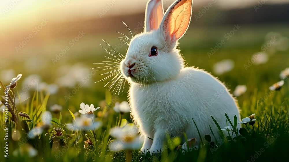 Fluffy White Rabbit in Sunlit Field Celebrating International Rabbit Day Amidst Flowers Highlighting Springtime Glow and Nature's Beauty in Serene Setting Fluffy White Rabbit in Sunlit Field Celebrating International Rabbit Day Amidst Flowers Highlighting Springtime Glow and Nature's Beauty in Serene Setting