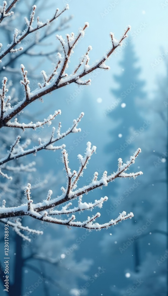 Frosty branches etched against pale blue, snowflakes gently falling on bare tree limbs, branches, trees, peaceful Frosty branches etched against pale blue, snowflakes gently falling on bare tree limbs, branches, trees, peaceful