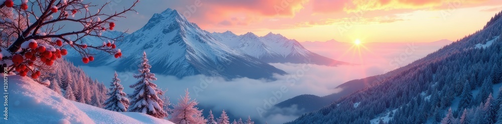 Frosty dawn breaks over icy mountain range where bare branches are heavy with red berries hanging down, frozen mountain, red berries, wintery landscape Frosty dawn breaks over icy mountain range where bare branches are heavy with red berries hanging down, frozen mountain, red berries, wintery landscape