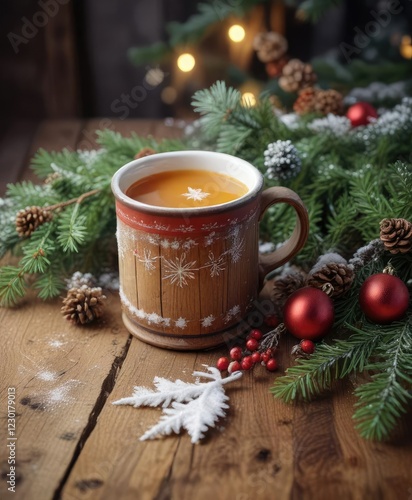 Snowy wooden table with a steaming mug of beverage and pine branches decorated with festive ornaments and garland , wooden table, festive, garland