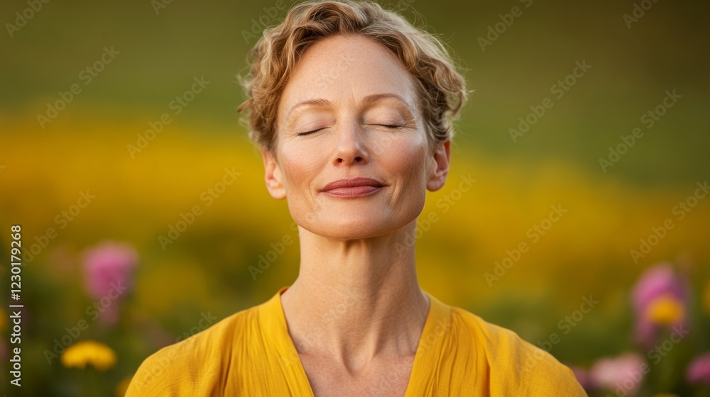 Mindful Serenity in Bloom Caucasian Woman, 45, Practicing Breathing Exercises in Floral Garden - Perfect for Wellness Branding and Content on Mental Health Awareness Mindful Serenity in Bloom Caucasian Woman, 45, Practicing Breathing Exercises in Floral Garden - Perfect for Wellness Branding and Content on Mental Health Awareness