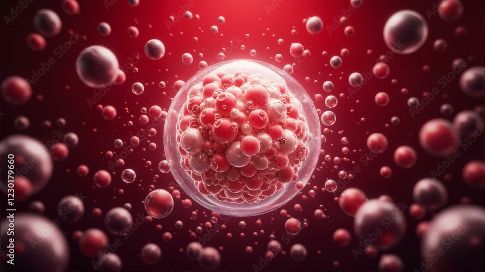 A red background with multiple small spheres floating and one larger sphere in focus. A red background with multiple small spheres floating and one larger sphere in focus.