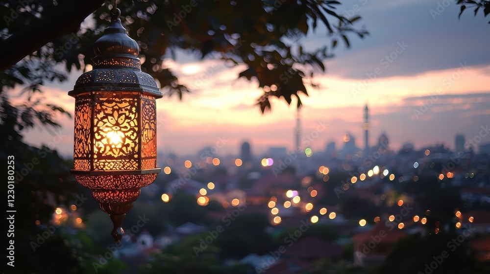 Fototapeta premium Beautiful Lantern Hanging with Cityscape and Sunset Background