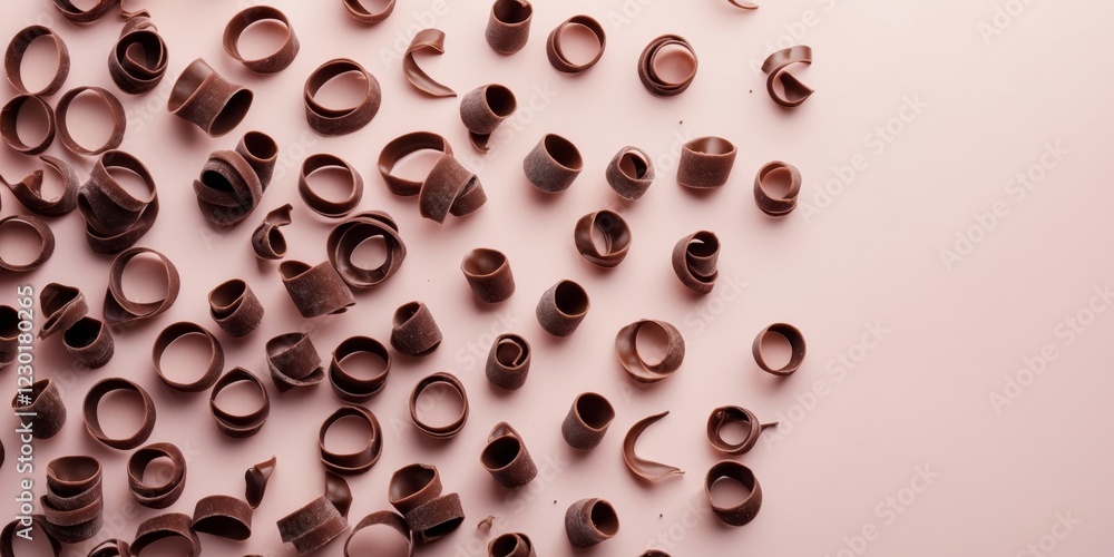 Obraz premium Delicious Chocolate Curls On a Pink Background With Text Space.