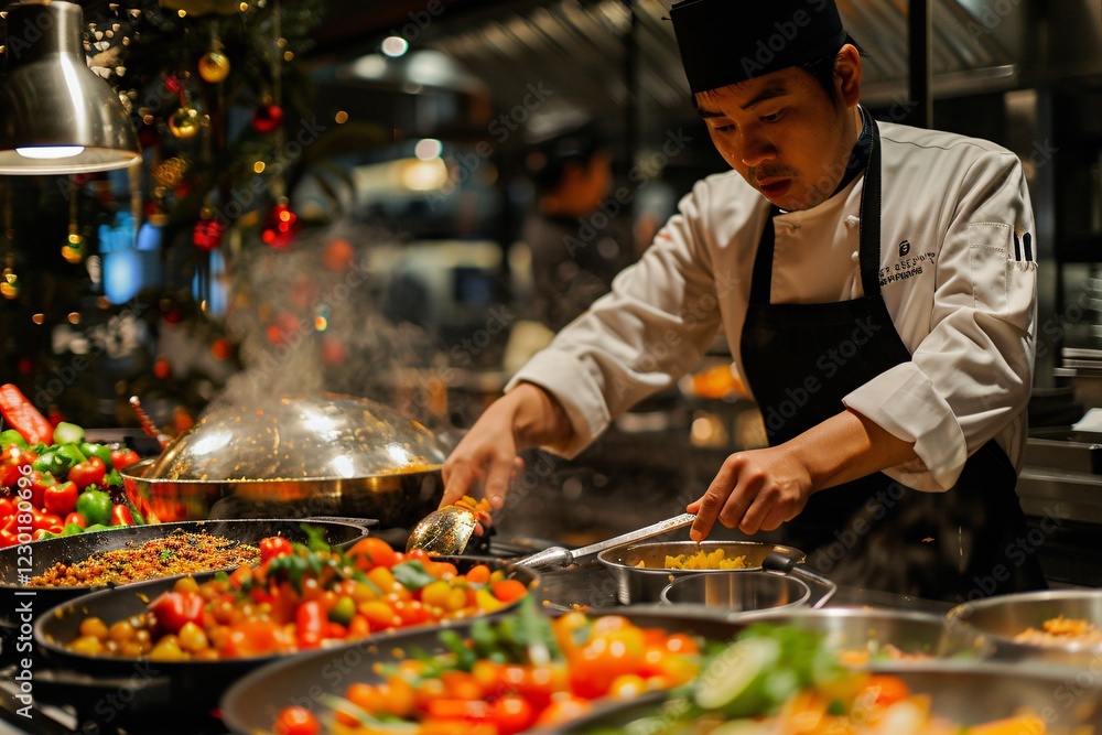 A dedicated chef stirs a pot while arranging a vibrant array of fresh vegetables on a busy kitchen counter. The atmosphere is lively as dinner service begins in a restaurant