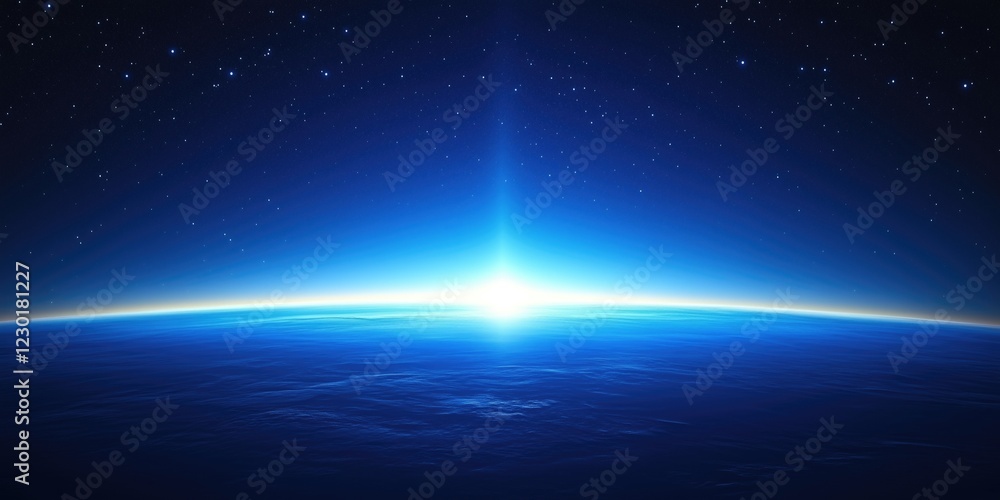 Obraz premium A breathtaking view of Earth from space, showcasing a radiant sunrise illuminating the horizon against a backdrop of stars.