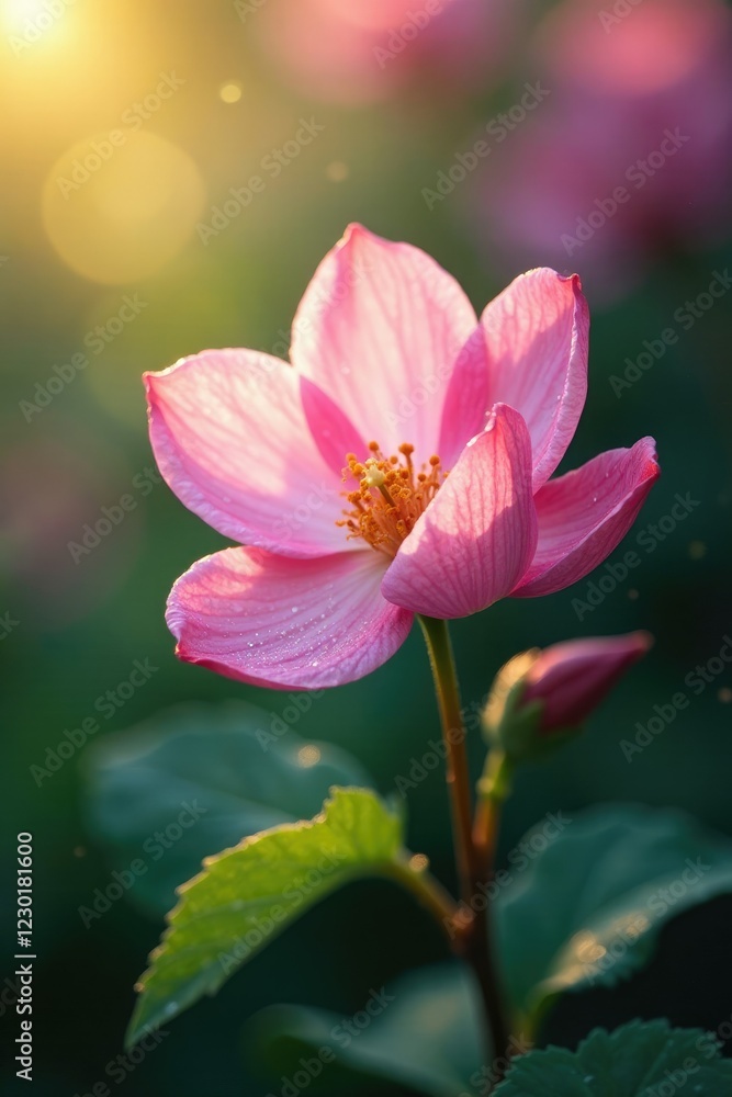 Obraz premium Soft pink petals unfold gently in morning dew, flowers, tree, foliage