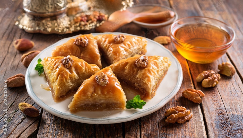 Traditional arabic dessert Baklava with honey and walnuts. Generated image Traditional arabic dessert Baklava with honey and walnuts. Generated image