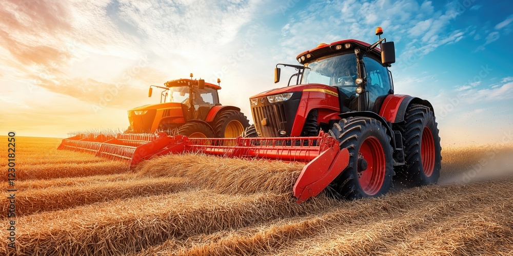 Obraz premium Two red tractors working in a golden field during sunset, showcasing the beauty of agriculture and the harvest season.