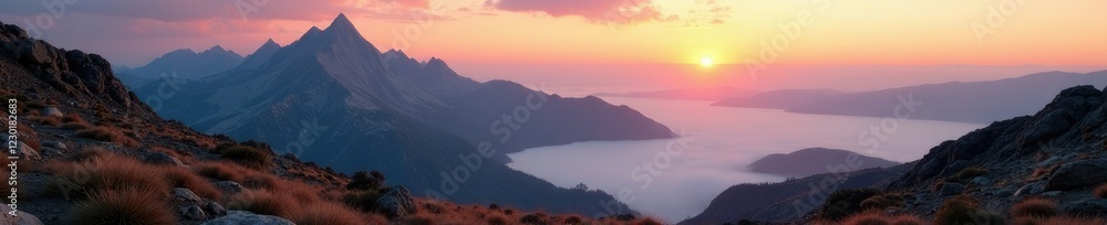 Obraz premium Rocky mountain front landscape at dawn with mist, nature, western, mountains
