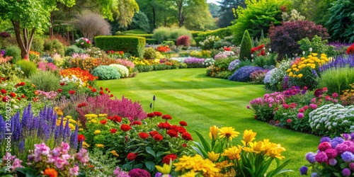 Wallpaper Mural lush green grassy area surrounded by vibrant colorful flowers in a garden, nature, flowers, colorful blooms Torontodigital.ca