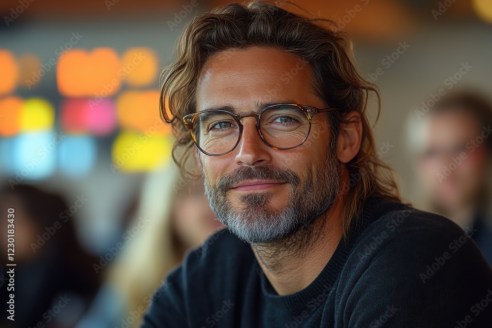 Smiling man with glasses sitting in a cafe during daytime amid blurred background of people and colorful lights Smiling man with glasses sitting in a cafe during daytime amid blurred background of people and colorful lights