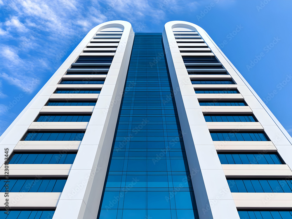 Modern twin towers, city skyline, blue sky Modern twin towers, city skyline, blue sky