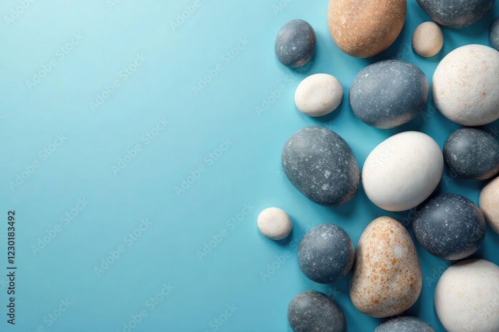 Varied-sized round sea stones on soft blue abstract backdrop, minimal, element, abstract Varied-sized round sea stones on soft blue abstract backdrop, minimal, element, abstract