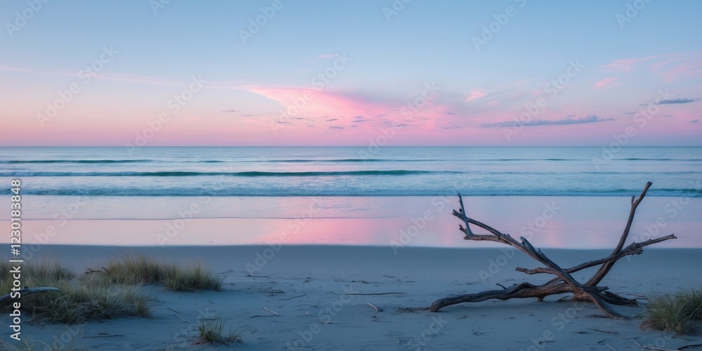 Sunset over calm ocean waves at a serene beach with soft pink and blue sky colors during the twilight hours of the evening. Sunset over calm ocean waves at a serene beach with soft pink and blue sky colors during the twilight hours of the evening.