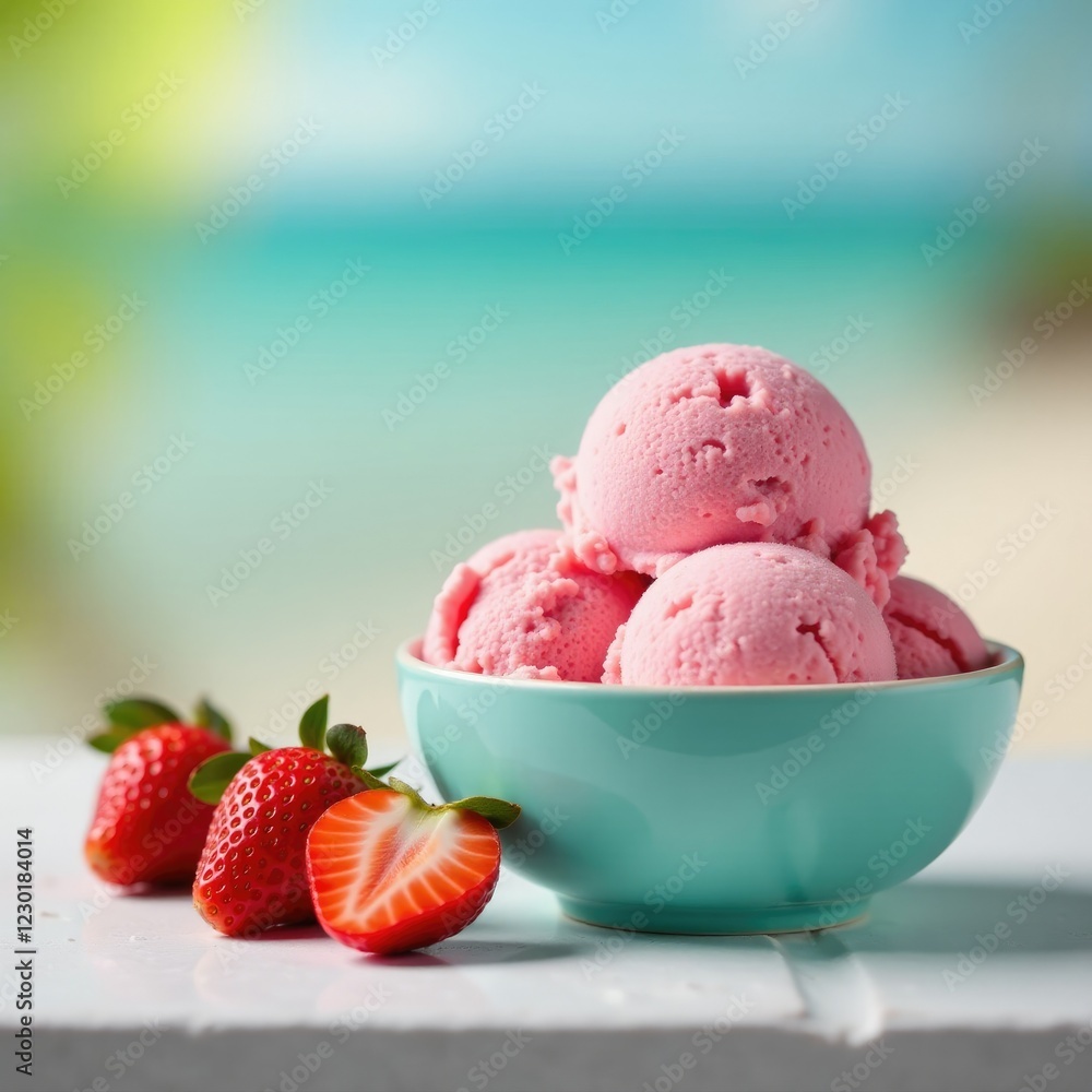 Scoop of strawberry ice cream in a bowl on a table, colorful, summer, refreshing Scoop of strawberry ice cream in a bowl on a table, colorful, summer, refreshing