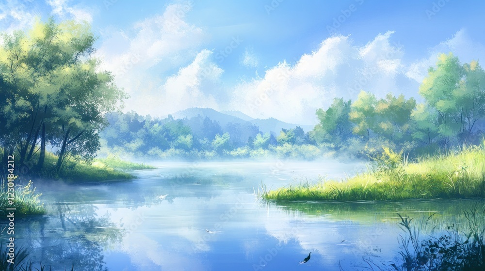 Obraz premium Serene Lakeside Vista: A Breathtaking Digital Painting of Tranquil Nature
