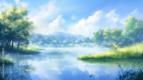 Serene Lakeside Vista: A Breathtaking Digital Painting of Tranquil Nature