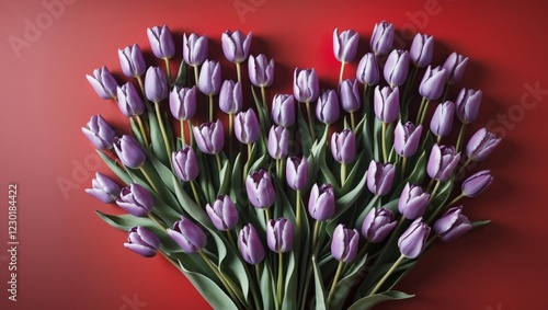 Lots of violet tulips with free space for text in the shape of a heart in the center of the frame on a red background